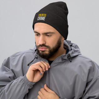 I'm Into Crime Yellow and White Embroidered Cuffed Beanie
